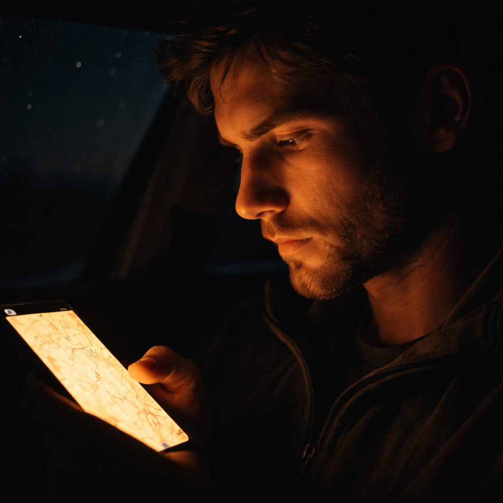 Лицо, освещённое экраном в кабине ночью