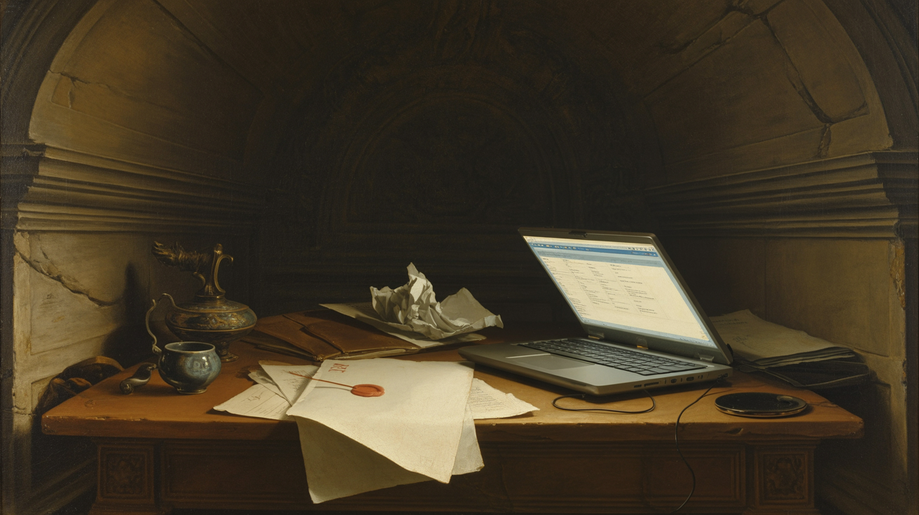 Тёмная мастерская поздно ночью; на тяжёлом деревянном столе остатки рабочего вечера: смятый листок с одной короткой строкой задачи, рядом полупустая остывшая фарфоровая чашка чая на блюдце, раскрытый ноутбук тихо светит холодным сине-белым светом в пустоту; стула за столом нет, человека в кадре нет; чуть в стороне на столе одинокий лист отчёта о баге, на который никто ещё не пришёл смотреть