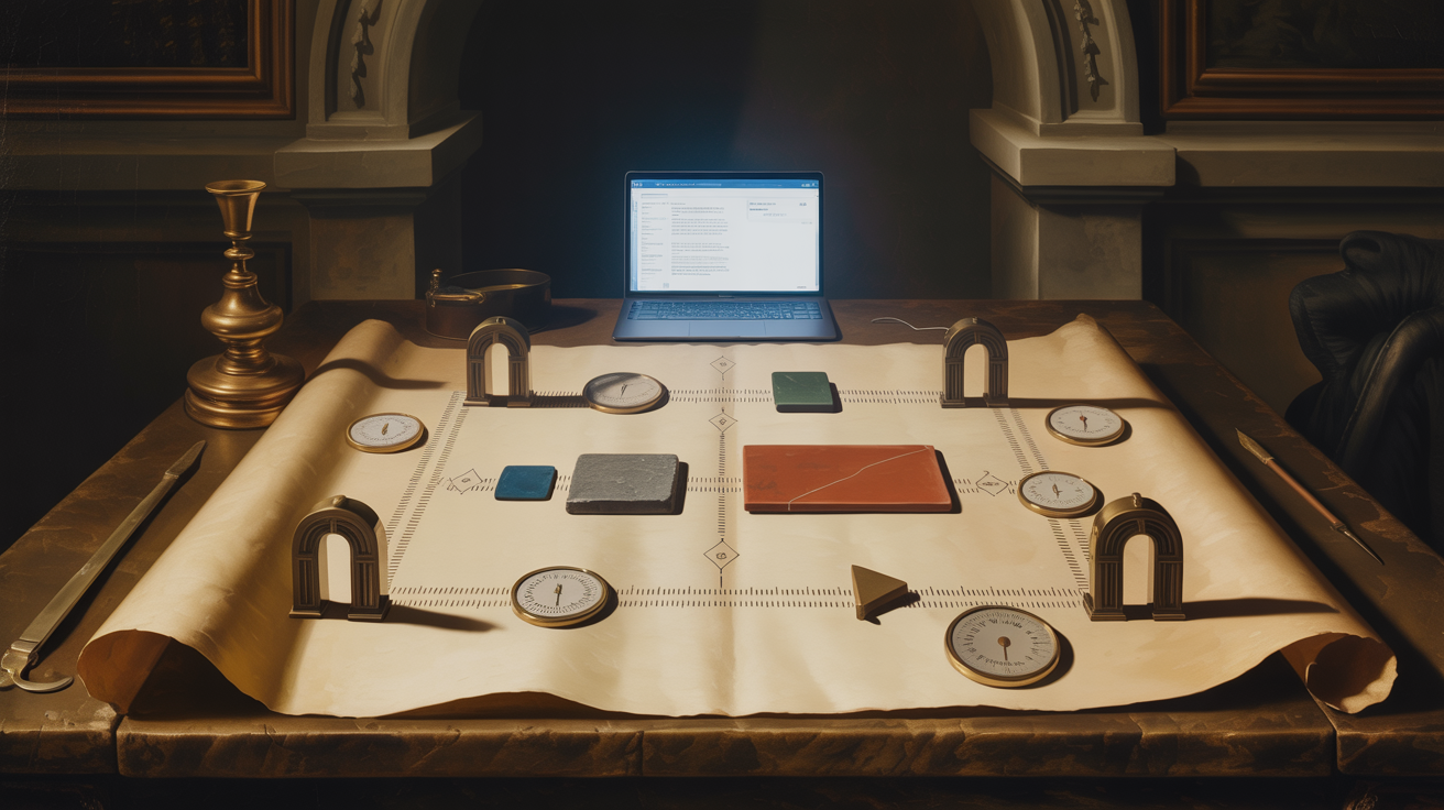 Барочный лист-схема на тяжёлом деревянном столе: слева входная контрольная арка, справа выходная, между ними разложены инструменты рабочего контура и карточки памяти разных типов; вокруг композиции отдельными символами отмечены правила и сигнальные метрики; единственный источник света — раскрытый ноутбук сбоку, его холодное сине-белое свечение подчёркивает путь задачи от входа к выходу