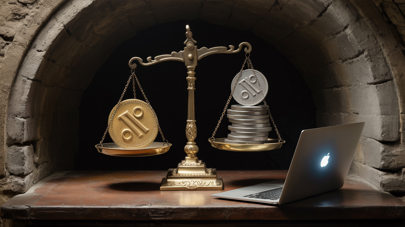 Барочные ювелирные весы на тёмном деревянном столе; на левой чаше лежит одна золотая монета с гравированным позитивным символом, на правой — пять свинцовых монет с гравированными негативными символами разного вида: пустое значение, повторное обращение, конкурентный запрос, превышение лимита, ошибка внешнего сервиса; чаши заметно перевешивают вправо, золотая монета вверху; на столе раскрытый ноутбук, его холодное сине-белое свечение освещает обе чаши и блестит на металле монет; человека и агента в кадре нет