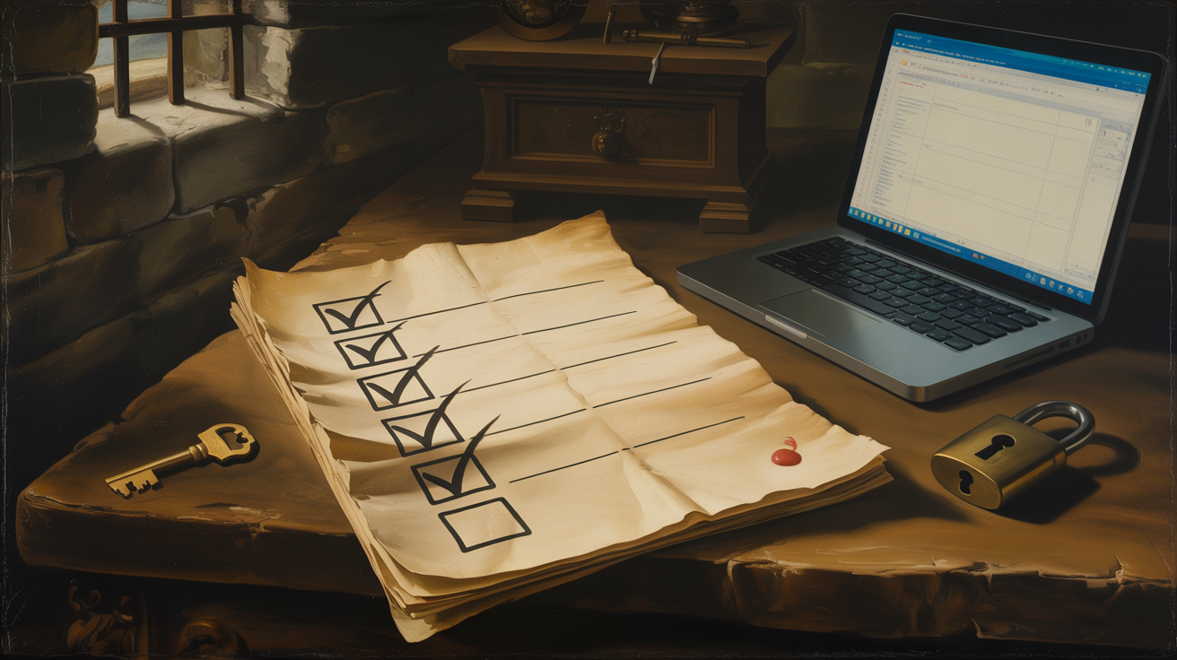 Барочная карточка задачи на тёмном деревянном столе: четыре строки проверок в виде абстрактных отметок, три закрыты, четвёртая подсвечена как незавершённая; рядом бронзовый замок и ключ, раскрытый ноутбук холодным светом подчёркивает, что закрытие задачи ещё заблокировано