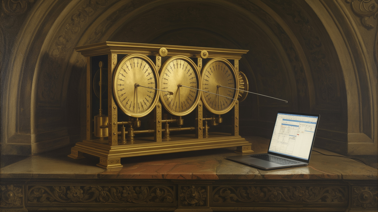 Барочный научный прибор XVII века на тёмном деревянном столе: латунный корпус с резной отделкой, гравированная циферблатная панель с тремя отдельными циферблатами в ряд; все три стрелки опущены в нижнюю часть шкал и показывают одновременно плохое состояние; единственный источник света — раскрытый ноутбук рядом, его холодное сине-белое свечение освещает циферблаты и блестит на латуни и стекле