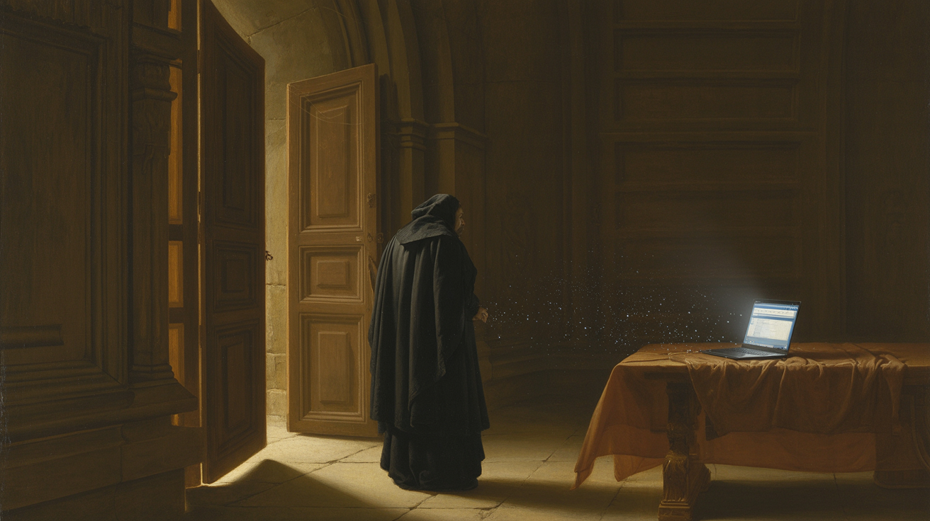 Две тяжёлые створки барочных ворот в тёмной мастерской, между ними узкий проход; в проходе на пороге одиноко стоит человек в тёмной мантии, лицом к холодному свету ноутбука по ту сторону ворот; там, где в предыдущих картинах серии за плечом или у второй створки собирался прозрачный двойник из света, теперь только рассеивающиеся в воздухе частицы того же холодного сияния, не желающие сложиться в фигуру; одна створка приоткрыта, но проходить через неё некому