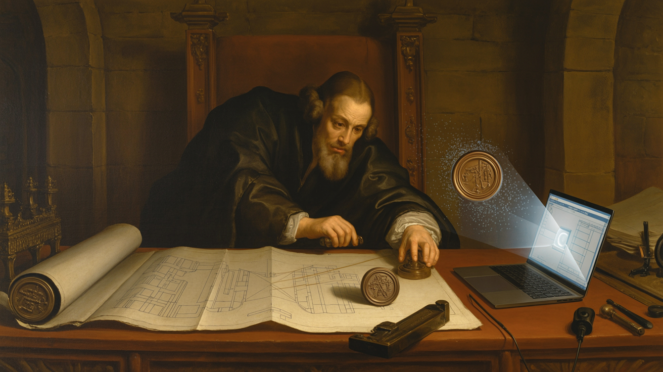 Барочный архитекторский стол поздно вечером в тёмной мастерской; на столе раскрытый чертёжный лист с абстрактной схемой задачи, по двум противоположным углам которого лежат тяжёлые бронзовые медальоны-печати с гравировкой; единственный источник света — раскрытый ноутбук рядом, чьё холодное сине-белое свечение проходит сквозь обе печати, заставляя гравировку светиться насквозь; человек в тёмной мантии у стола склонился над чертежом, проверяя его перед тем, как приложить левую печать; за противоположным краем стола стоит вторая фигура, сотканная из того же холодного сияния, прозрачная, без черт лица, в очертаниях такой же мантии, в её светящихся руках лежит вторая печать