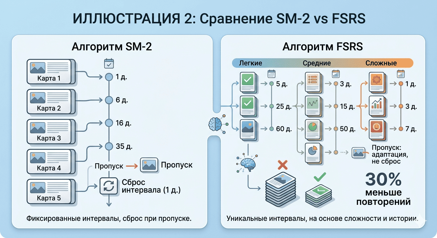 сравнение SM-2 и FSRS