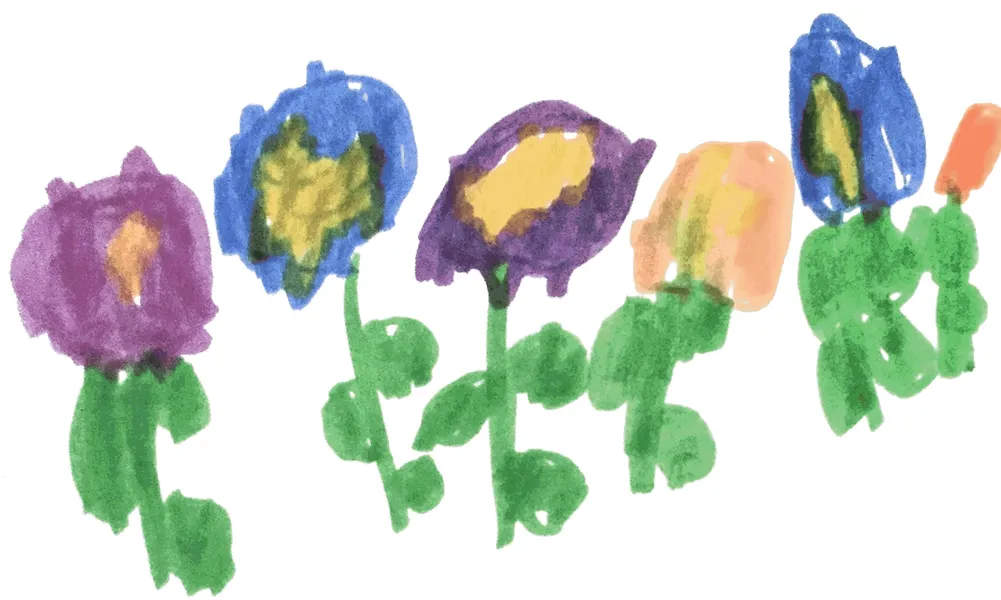 A child’s painting of five colourful flowers — purple, blue, yellow and orange — with green stems and leaves