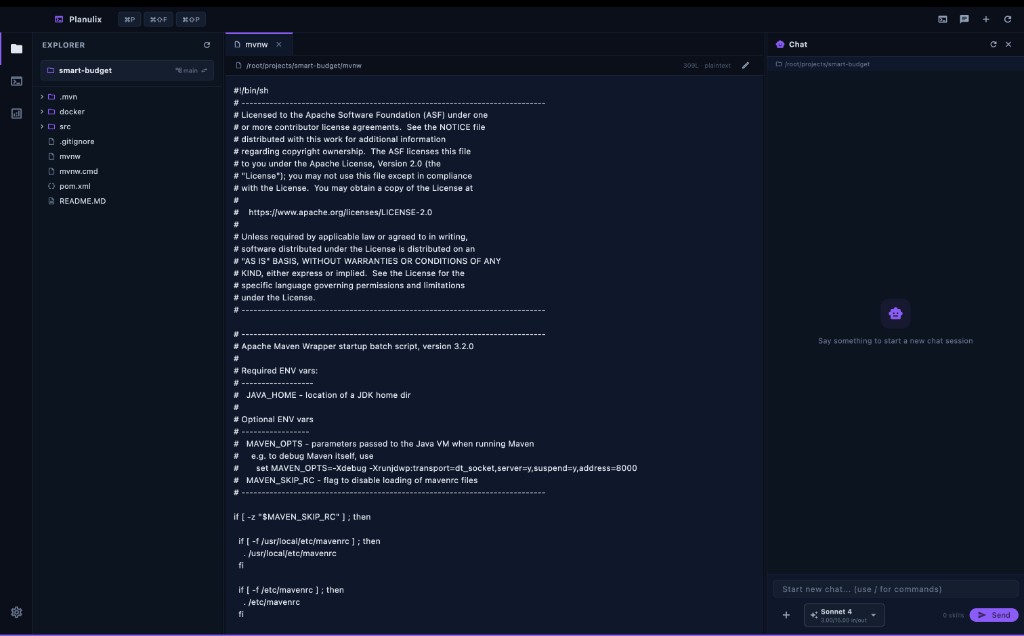 Полный интерфейс: проводник, редактор и чат