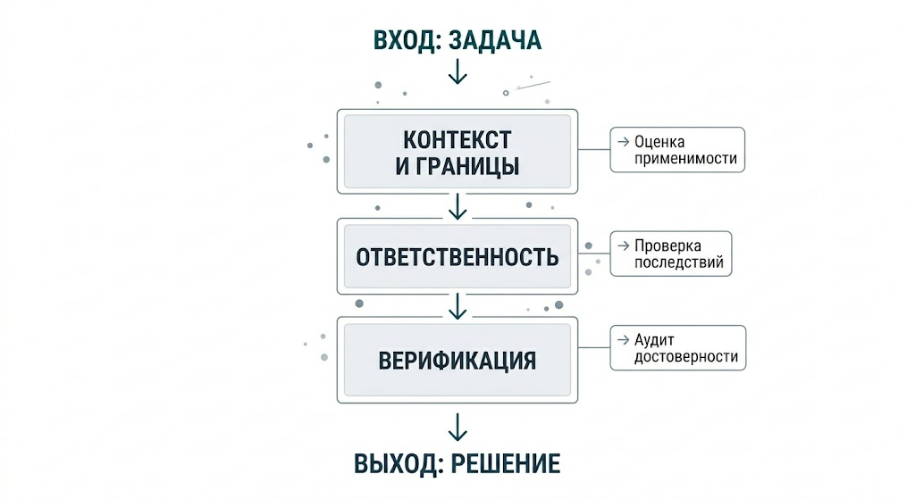 Три столпа: понимание контекста, ответственность за результат, верификация перед тем, как действие станет необратимым