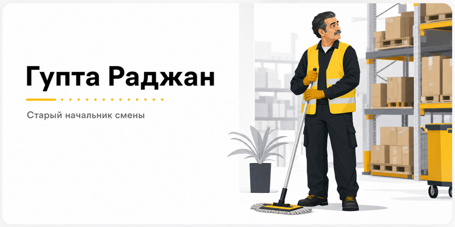 Гупта Раджан — старый начальник смены, скептик при внедрении складской системы  