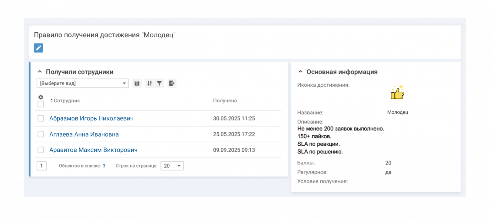 В карточке правила получения достижения указывается количество получаемых баллов