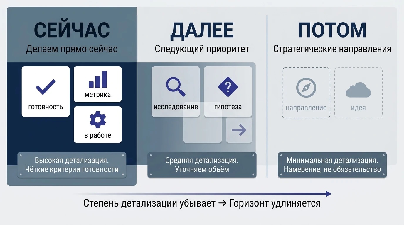 Подход «Сейчас — Далее — Потом» (от англ. Now–Next–Later)
