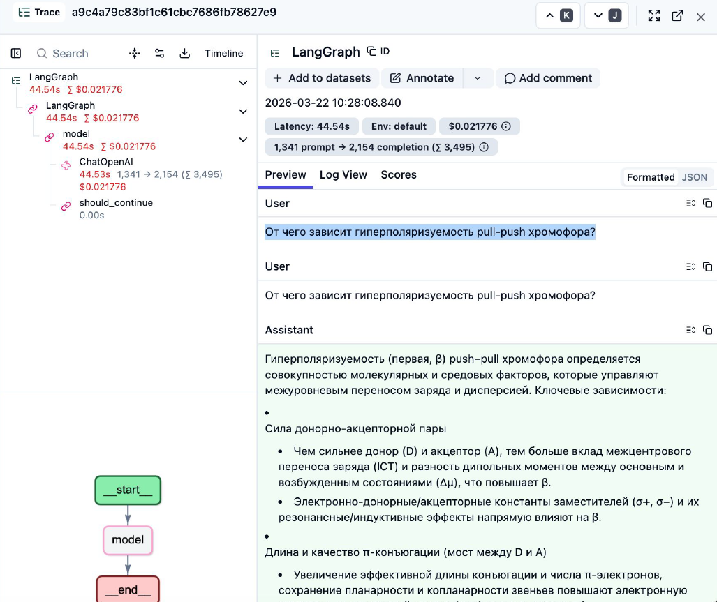 Скриншот из LangFuse. Запрос от реального пользователя. Мы понятия не имеем о чём это вообще:)
