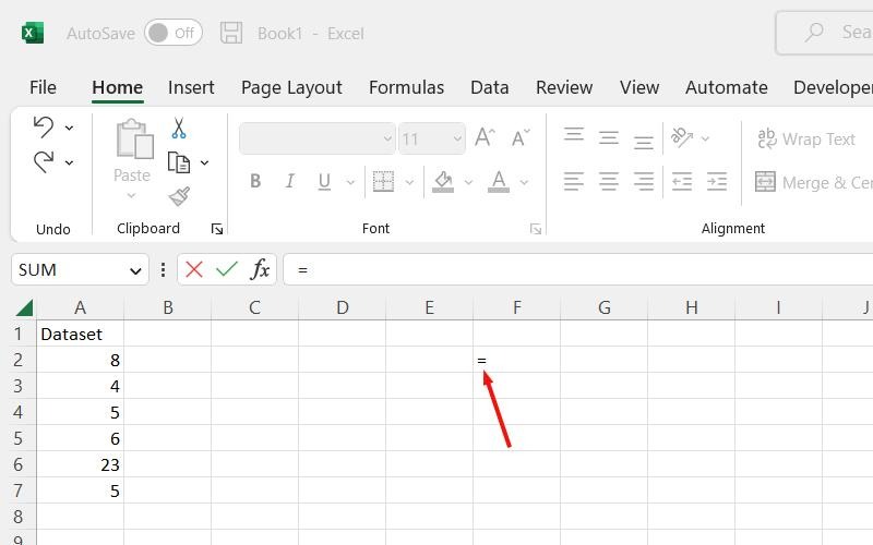 Начало ввода формулы в Excel