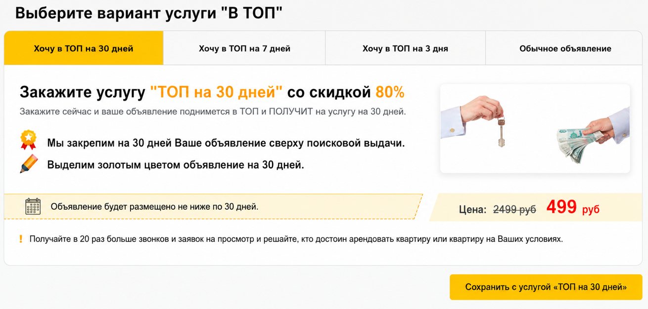 Рис. 15. Рабочий вариант платной услуги “Выделить объявление” 