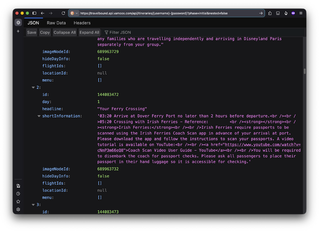 Ваше «приложение» могло быть просто сайтом (и я ему в этом помог) - 3 Firefox showing a JSON document, focussing on a section about 'Your Ferry Crossing' with some accompanying HTML.