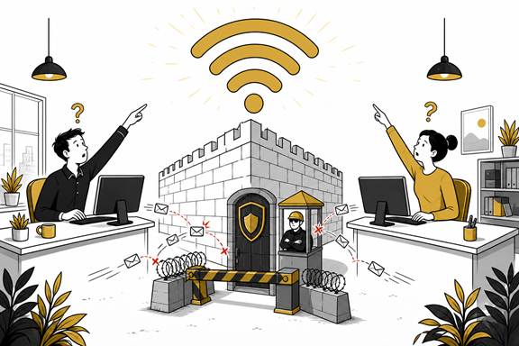 Два сотрудника находятся под одним значком Wi-Fi, но их компьютеры разделяет укрепленная стена межсетевого экрана.