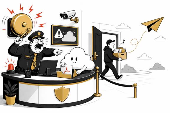 Охранник поднимает тревогу из-за безобидного облака с PDF, не замечая человека, выносящего коробку документов.