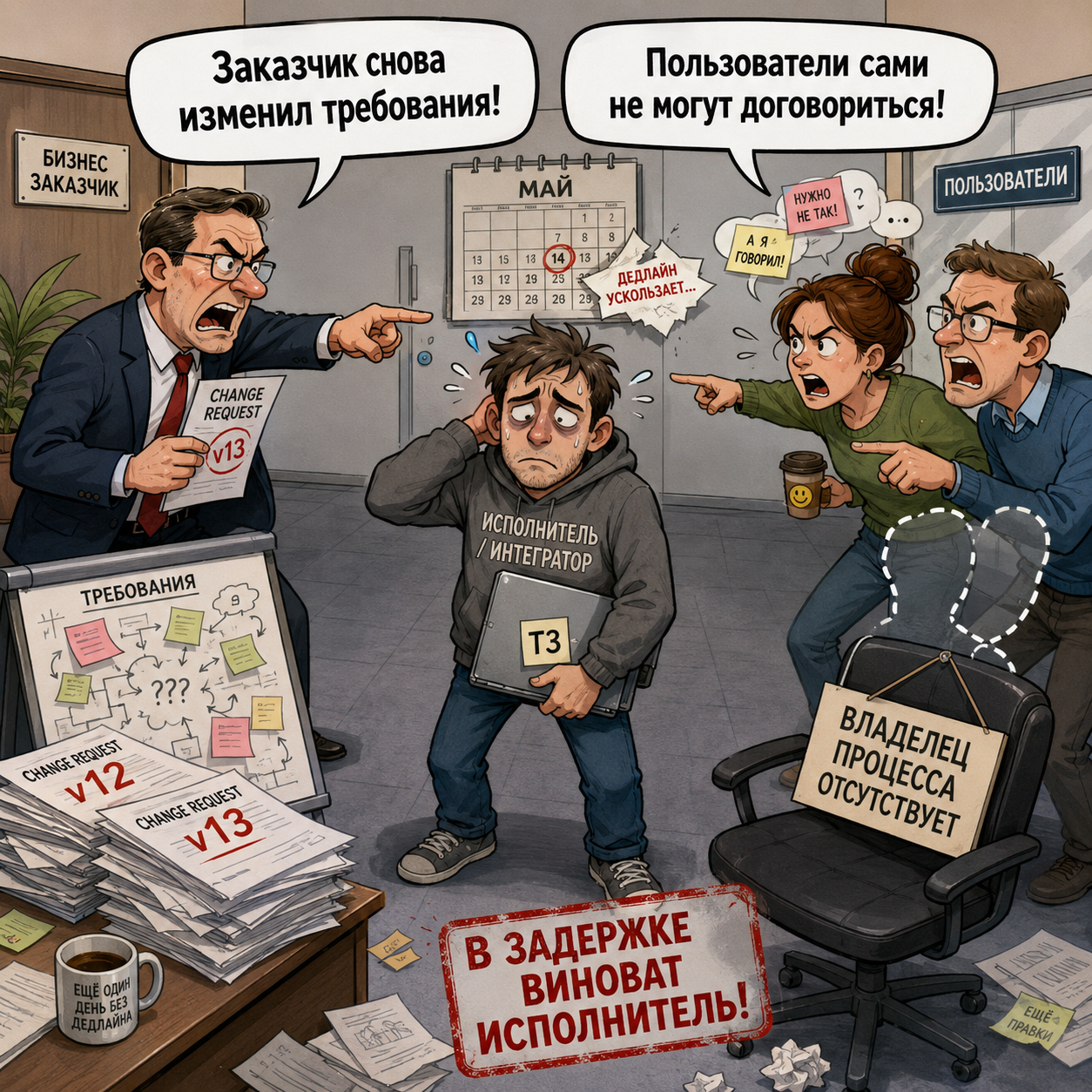 Требования меняются, владельца процесса нет, но у задержки уже найден виновный.
