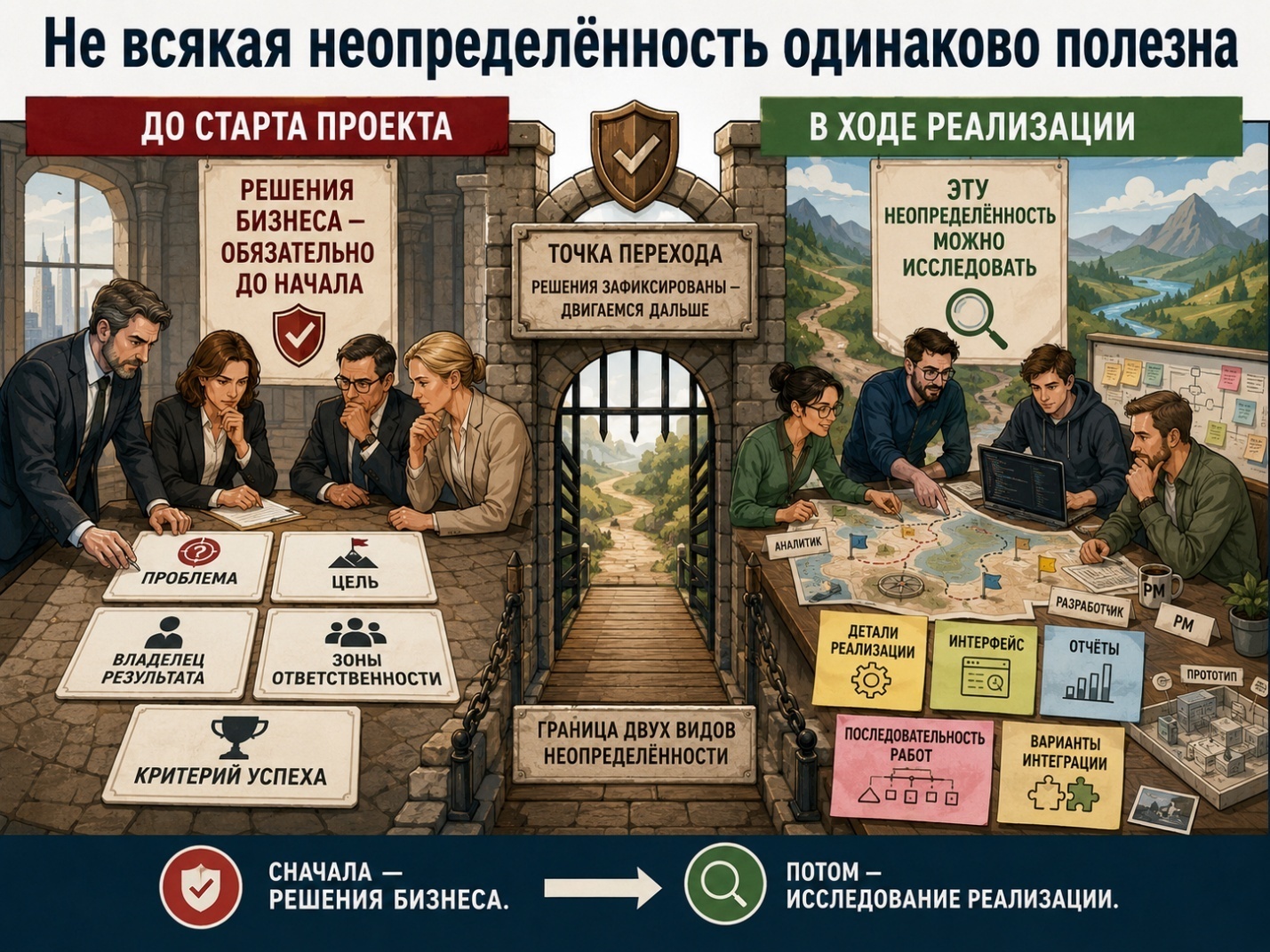 До реализации бизнес принимает решения о проблеме, цели и ответственности. Внутри реализации команда исследует способы достижения результата.
