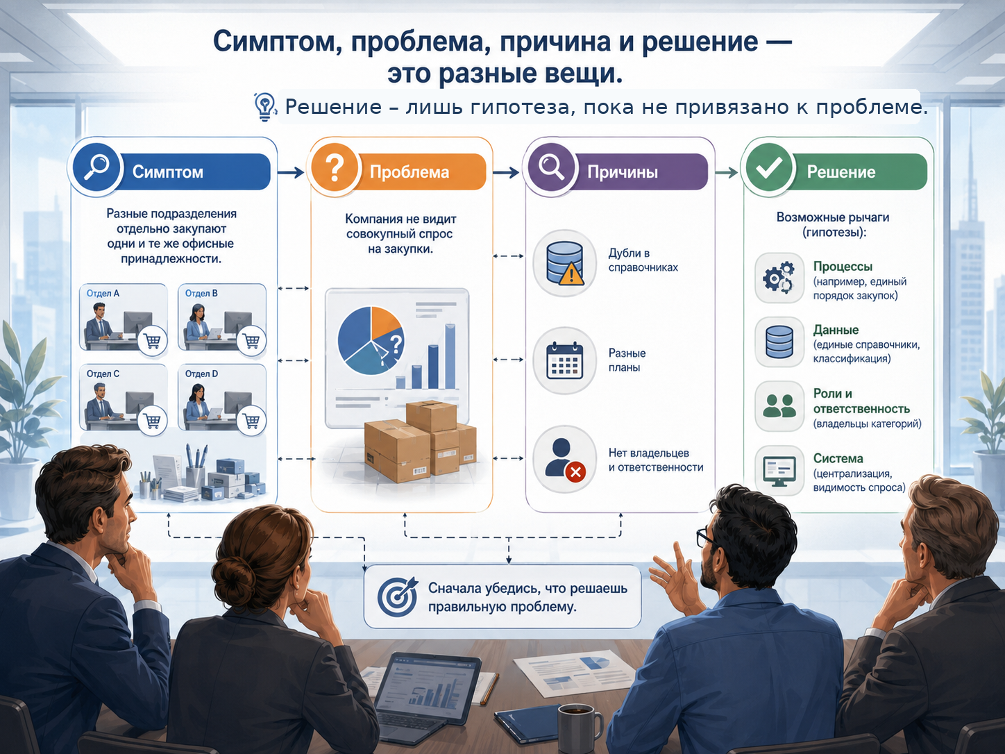 Симптом можно наблюдать, причину приходится проверять, а решение остаётся гипотезой, пока не связано с проблемой.