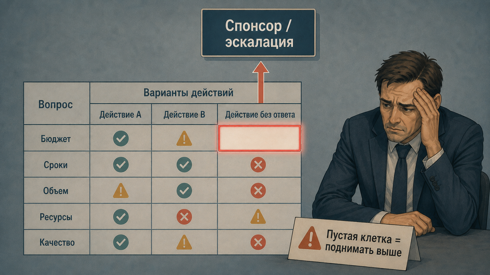  Пустая клетка не означает, что карту не заполнили. Она означает, что на этом уровне нет полномочий принять решение.