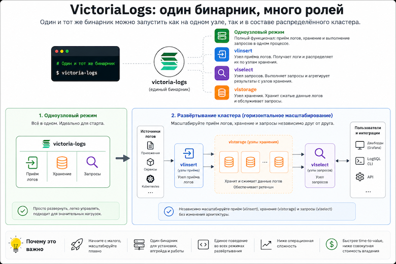 Один бинарный файл VictoriaLogs в односерверном и кластерном режимах