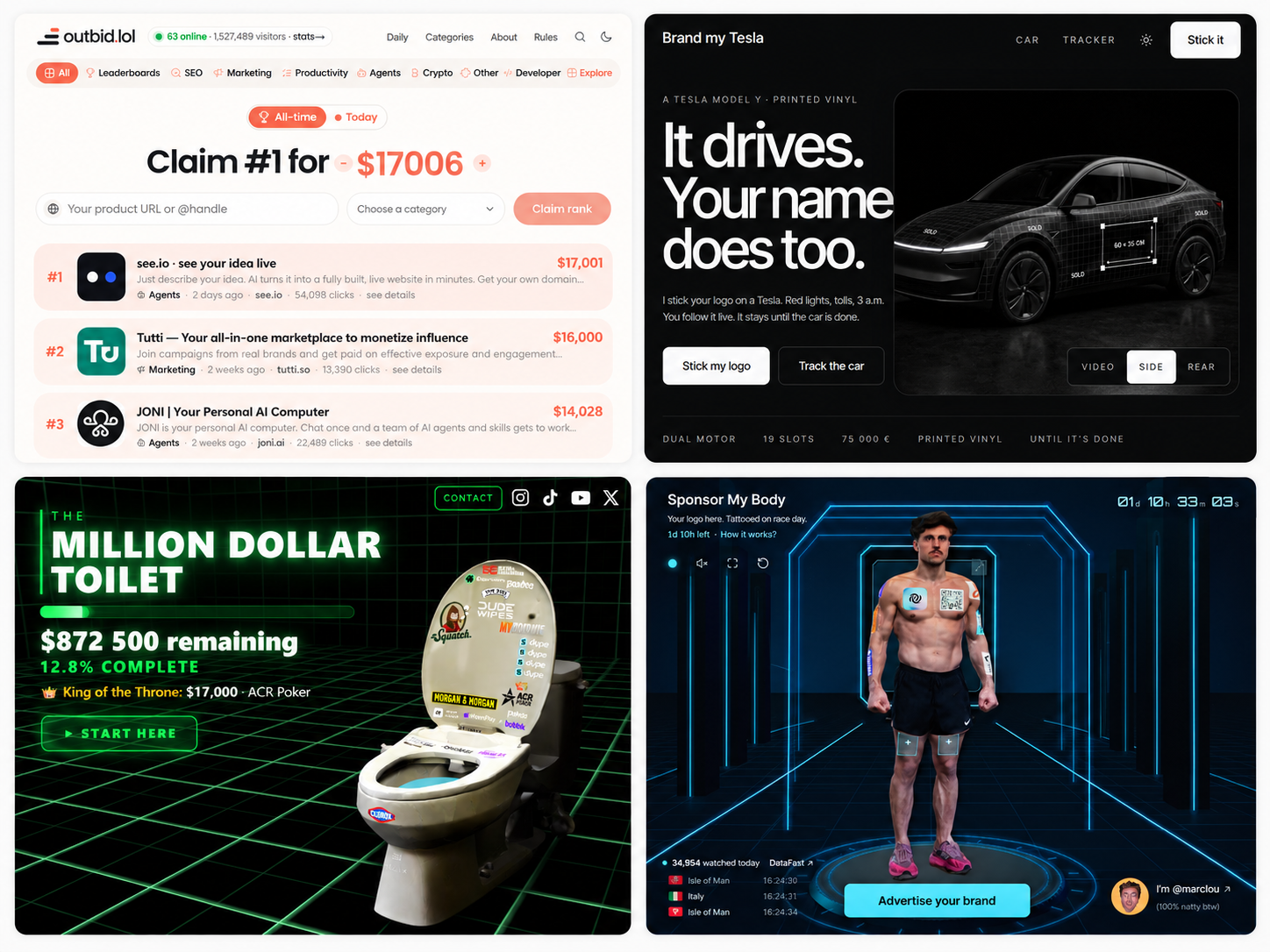 Outbid, Brand My Tesla, Million Dollar Toilet, Marc Lou