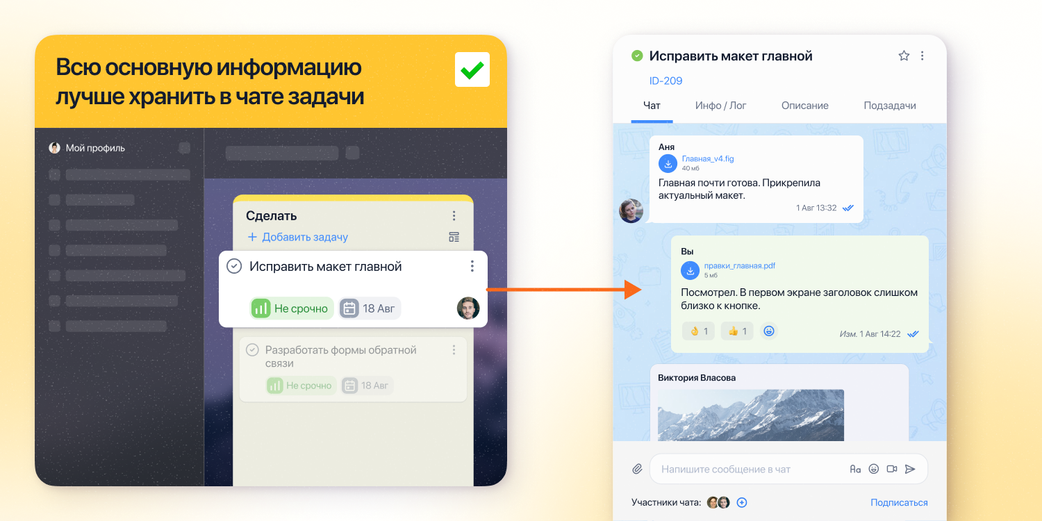 В YouGile каждая задача — это чат, поэтому комментарии, макет и правки можно оставить прямо там же, где идёт работа