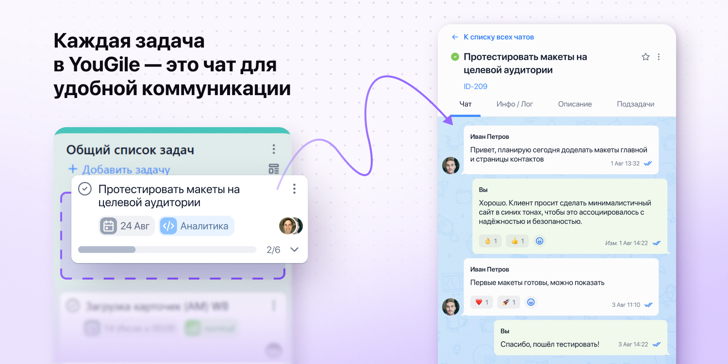 В чате задачи можно делиться файлами, записывать аудио и загружать скринкасты