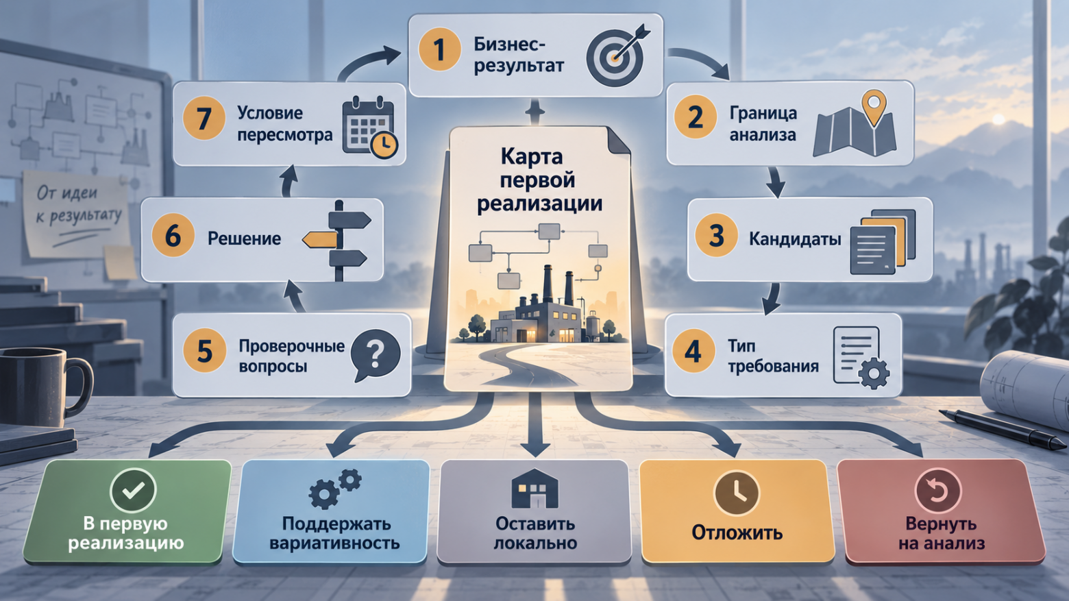 Карта первой реализации не ранжирует всё подряд. Она помогает решить судьбу спорных элементов первого законченного результата.
