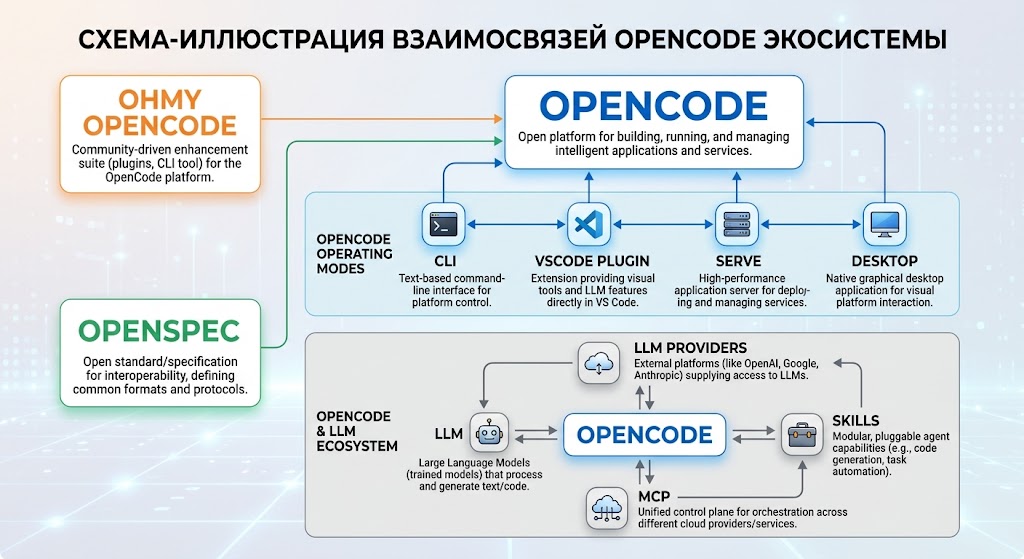 Схема интерфейсов и сценариев работы OpenCode