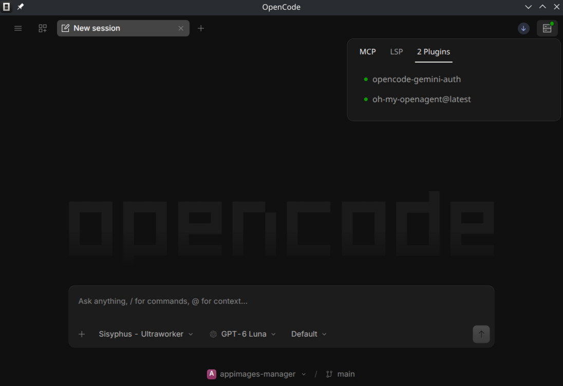 Окно приложения OpenCode Desktop