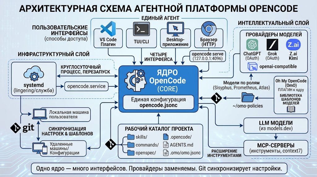 Полная схема техстека OpenCode, Oh My OpenCode и OpenSpec