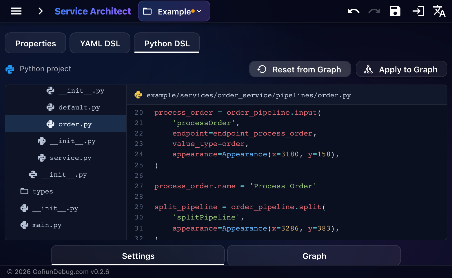 Python-описание пайплайна OrderService во встроенном редакторе Service Architect