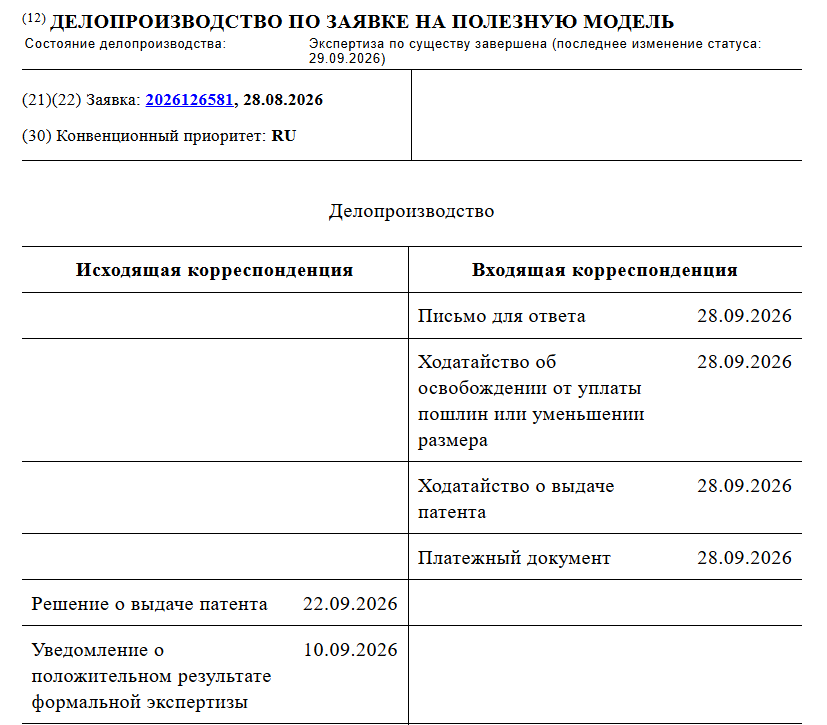 Заявка была подана 28 августа, а уже 22 сентября было принято решение о выдаче. Источник: ФИПС