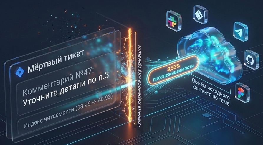 Рисунок 3. Разрыв прослеживаемости и утеря контекста при переносе задачи из каналов коммуникации в таск-трекер