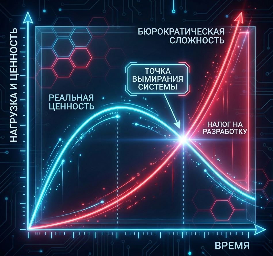 Рисунок 1. Возникновение точки стагнации (вымирание системы), после которой затраты на обслуживание превышают реальную пользу от использования трекера.