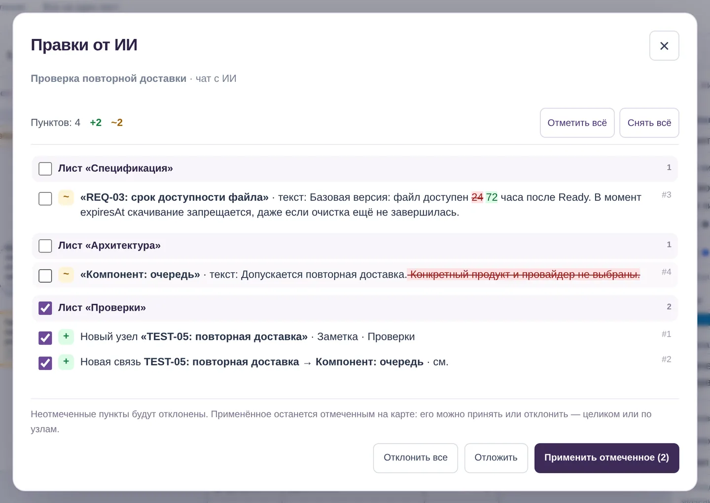 Список правок: нужное - отмечено, а изменённый срок и удалённая оговорка - нет