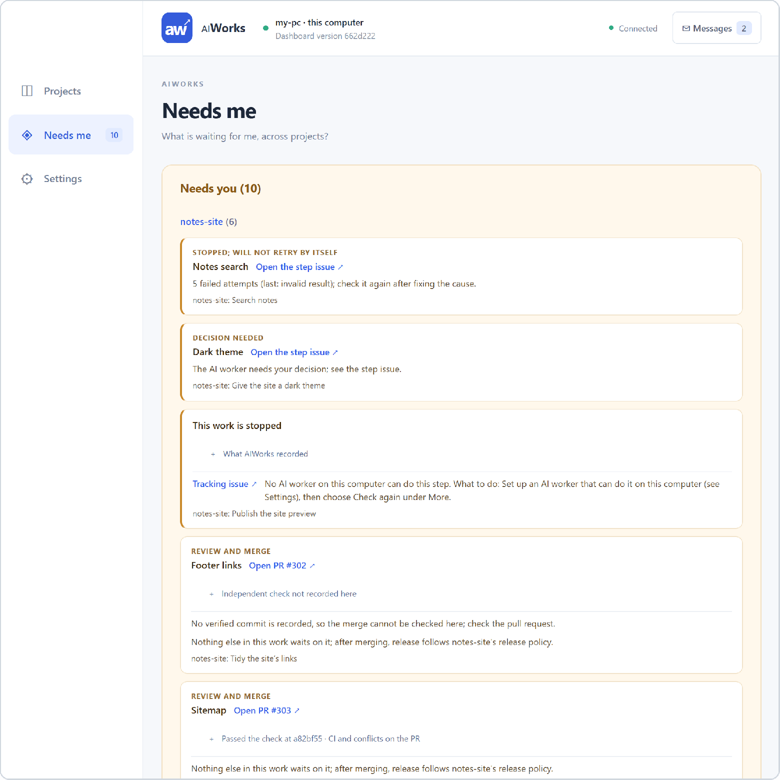 Экран Needs me: решения и ревью, сгруппированные по проектам (проекты выдуманные)
