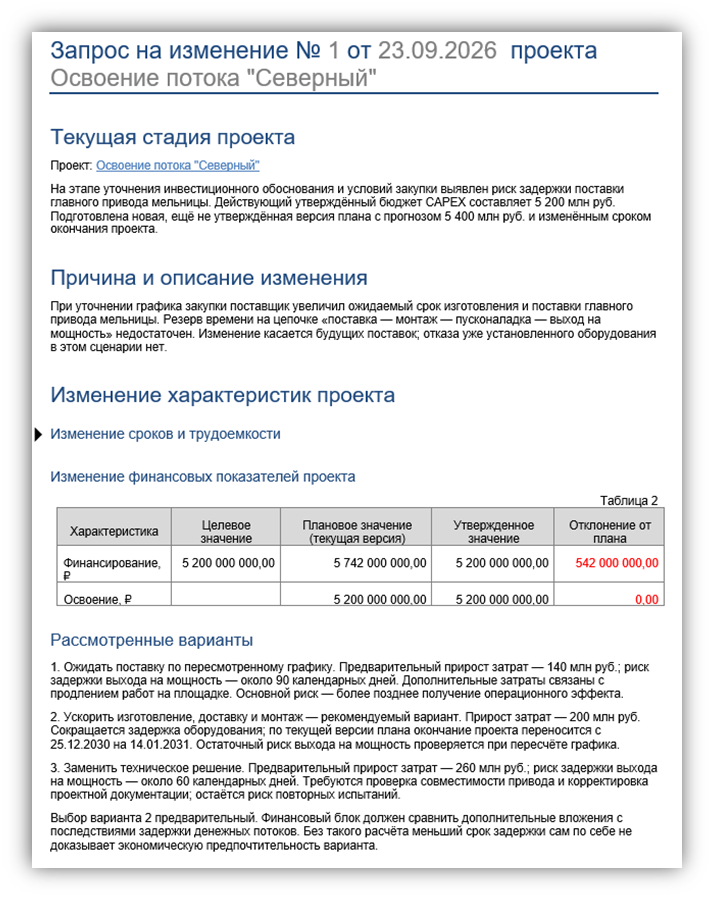 Запрос на изменение с обоснованием и сравнением финансовых показателей